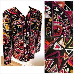 “Modern art to wear”bright colours on black w/sequins & beads embellished jacket